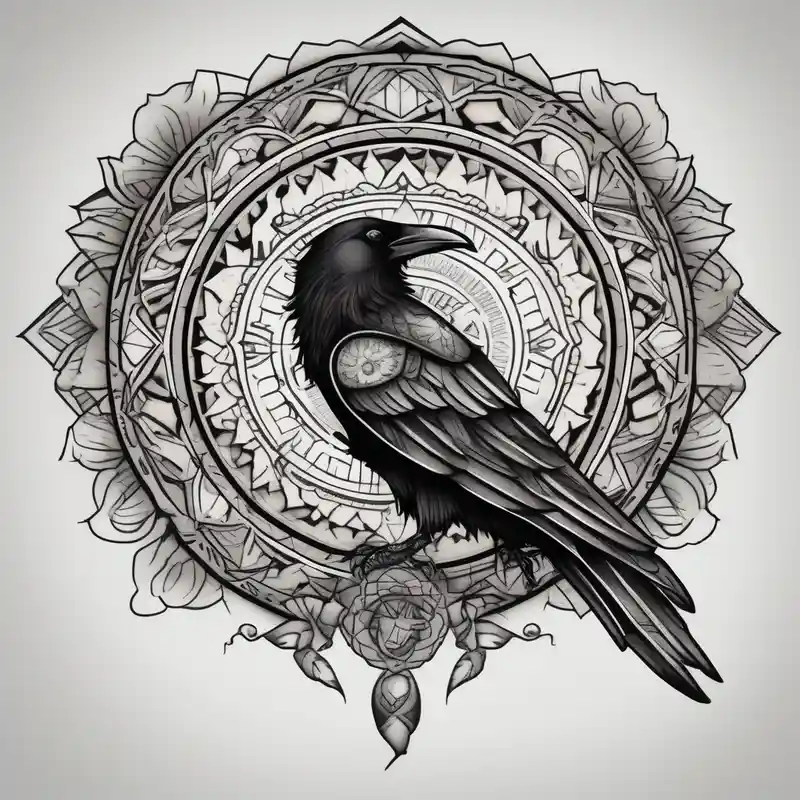 old school style Raven Tattoo Ideas in 2025 about left arm tattoo of a raven mandala on a branch surrounded by mandala half sleeve tattoos for men and left arm tattoo of a raven mandala on a branch surrounded by mandala half sleeve tattoos for men